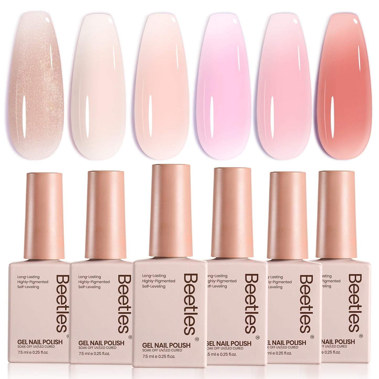 Beetles Nude Gel Nail Polish Set - 6 Colors Pink Jelly Gel Polish Kit Neutral Shimmer Translucent Sheer Gel Soak off Uv Nail Concealer French Nail Art Manicure Gift for Women