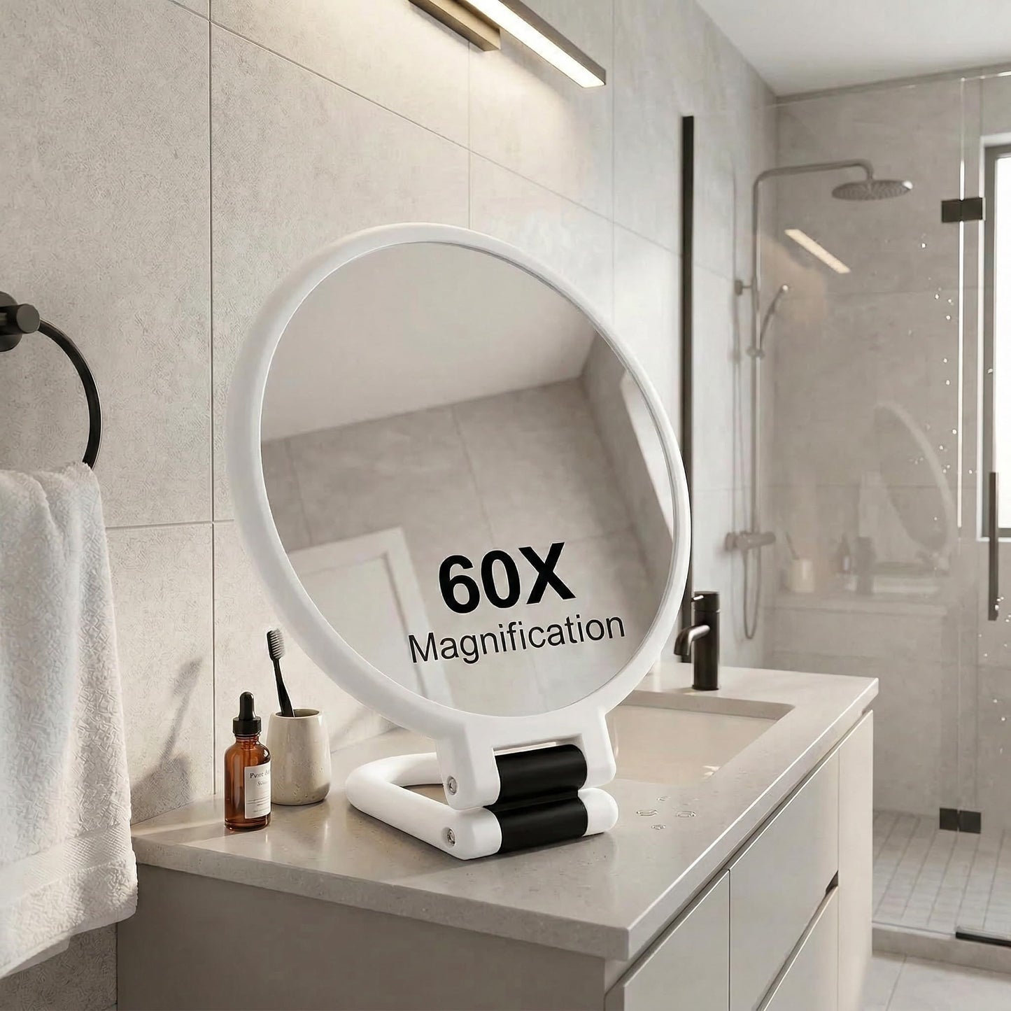 Magnifying Handheld Mirror Double Sided, 1X and 60X Magnification Hand Mirror, Travel Folding Hand Held Makeup Mirror with 360° Rotation Pedestal for Vanity, Dressing Table and Daily Use White