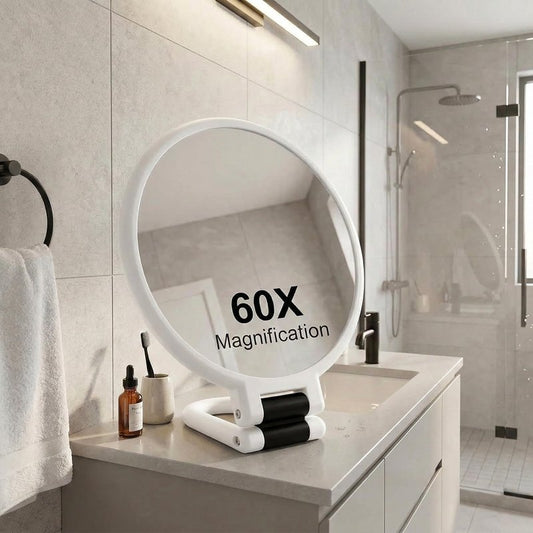 Magnifying Handheld Mirror Double Sided, 1X and 60X Magnification Hand Mirror, Travel Folding Hand Held Makeup Mirror with 360° Rotation Pedestal for Vanity, Dressing Table and Daily Use White