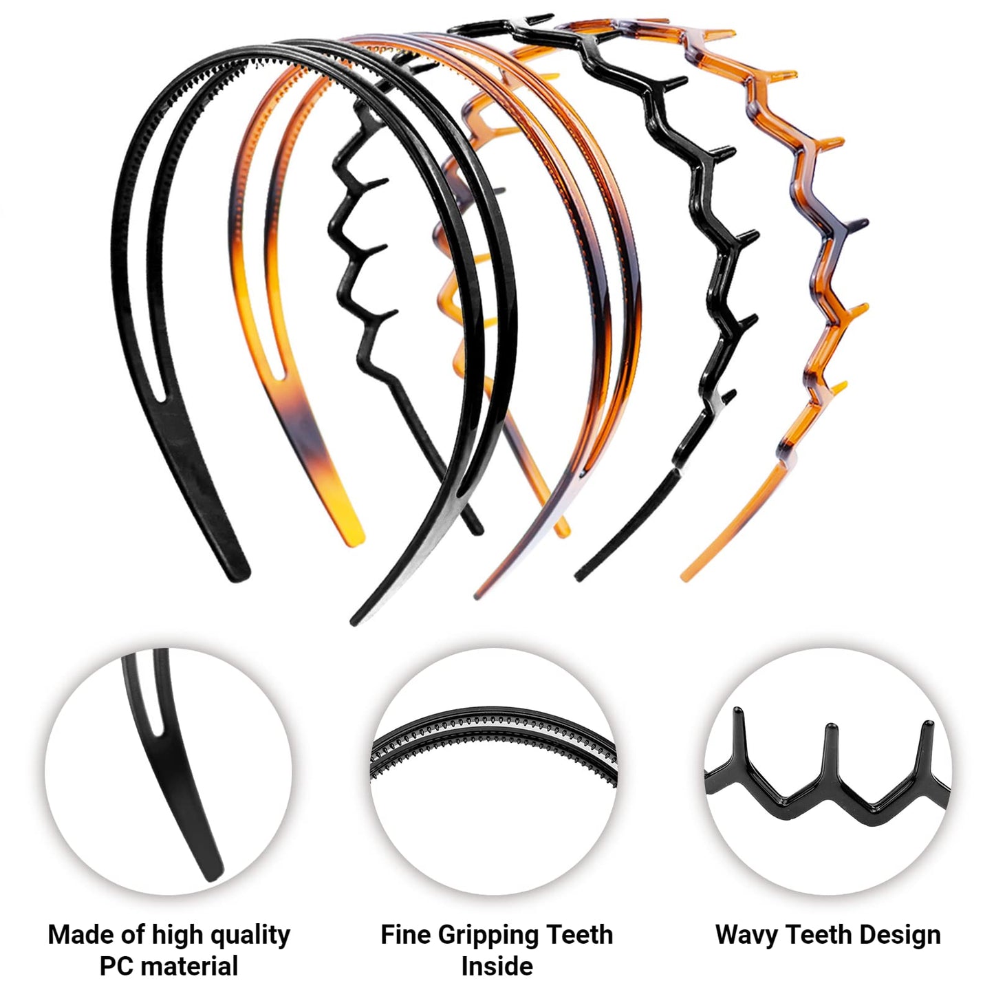 REDANHA 4-Piece Plastic Hairband Set - Zigzag Headband with Sharks Tooth Design, Non-Slip Double Row Teeth Hair Comb for Women & Girls - Black & Brown