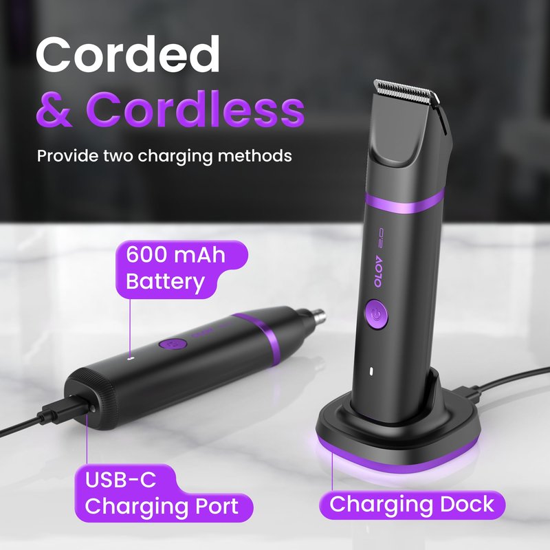 Groin & Body Hair Trimmer for Men - Electric Shaver for Pubic Hair, Chest, Legs - Ball Pubic Groomer, LED Light, Replaceable Ceramic Blade Heads, USB-C Recharge Dock, Waterproof Hygiene Razor, Purple