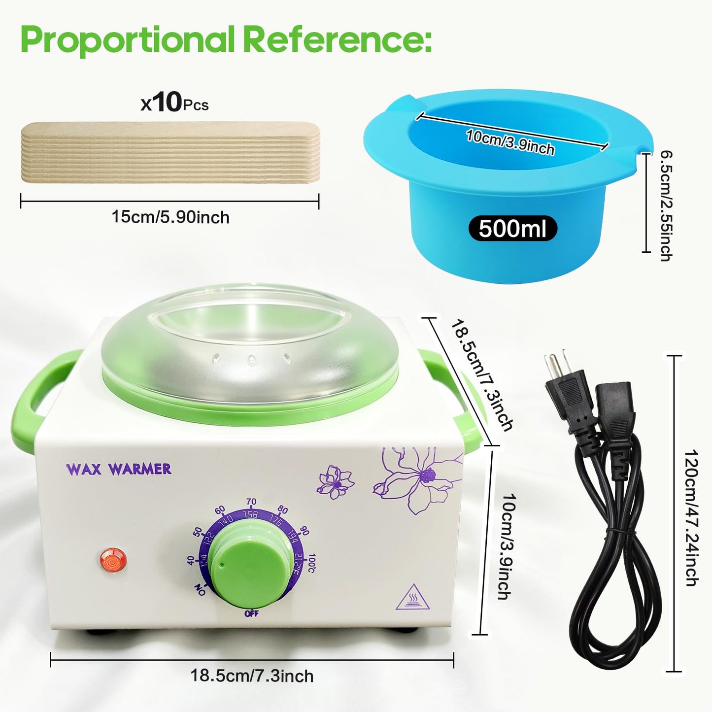 Wax Warmer for Hair Removal, Professional Waxing Heater Pot with Adjustable Temperature for Women Men, with 20 Wooden Wax Sticks(White-Single Pot)