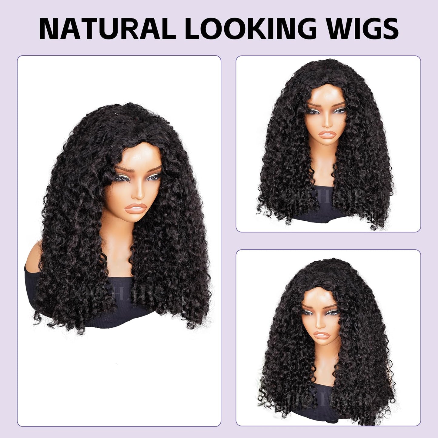 OQ HAIR Burmese Curly Half Wig Human Hair Beginner Friendly 3 In 1 Seamless Flip Over Headband Wig 180% Density Glueless Elastic Drawstring Wear and Go Wig for Women 20 Inch