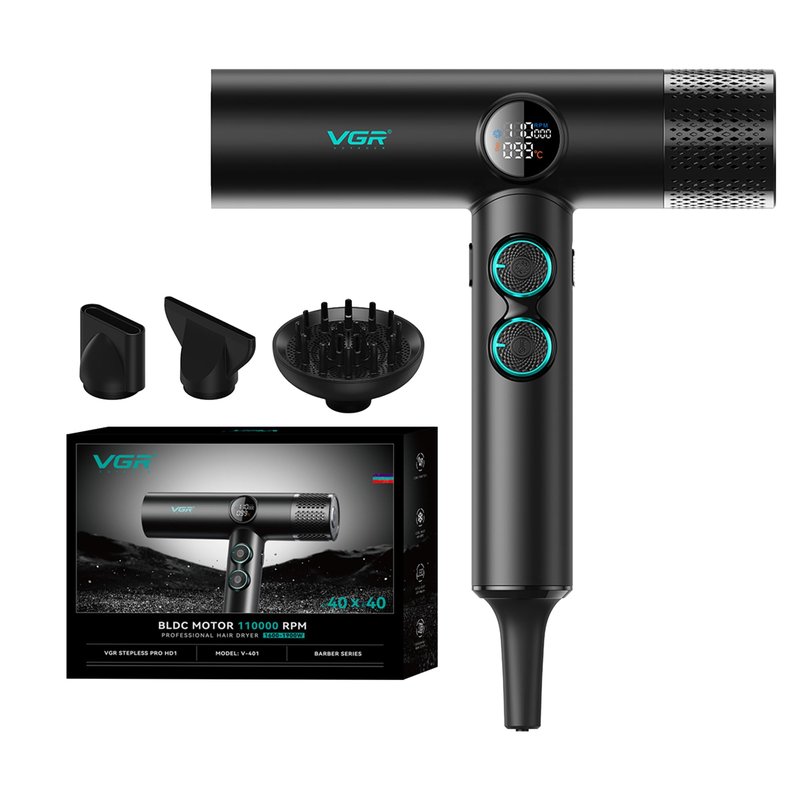 VGR 401 Negative Ionic Hair Dryer, Professional BLDC Motor Blow Dryer for Fast Drying, LED Display Low Noise Thermo and RPM-Control Hairdryer, Travel with Magnetic 1 Diffuser & 2 Nozzle, Black
