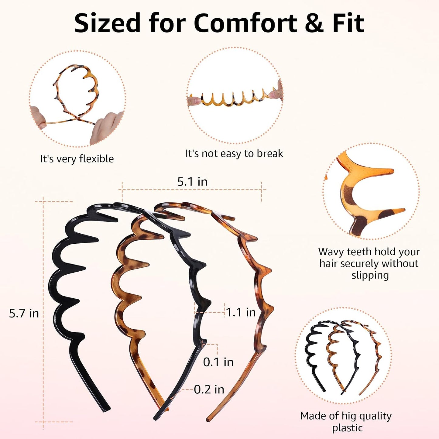 Zig Zag Headbands for Women - Non-Slip Wavy Plastic Hair Combs | Classic 90s Style, 2 Pack (Black & Brown)