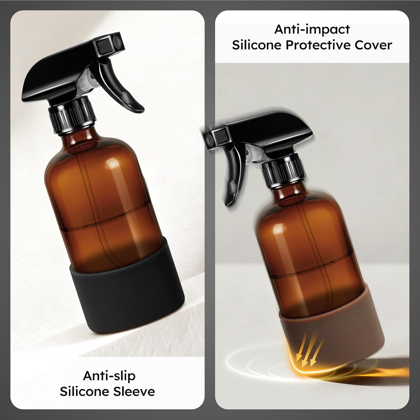 **360° Amber Glass Spray Bottles - 16 oz Refillable Containers with Adjustable Nozzles | 2 Pack in Black & Brown**