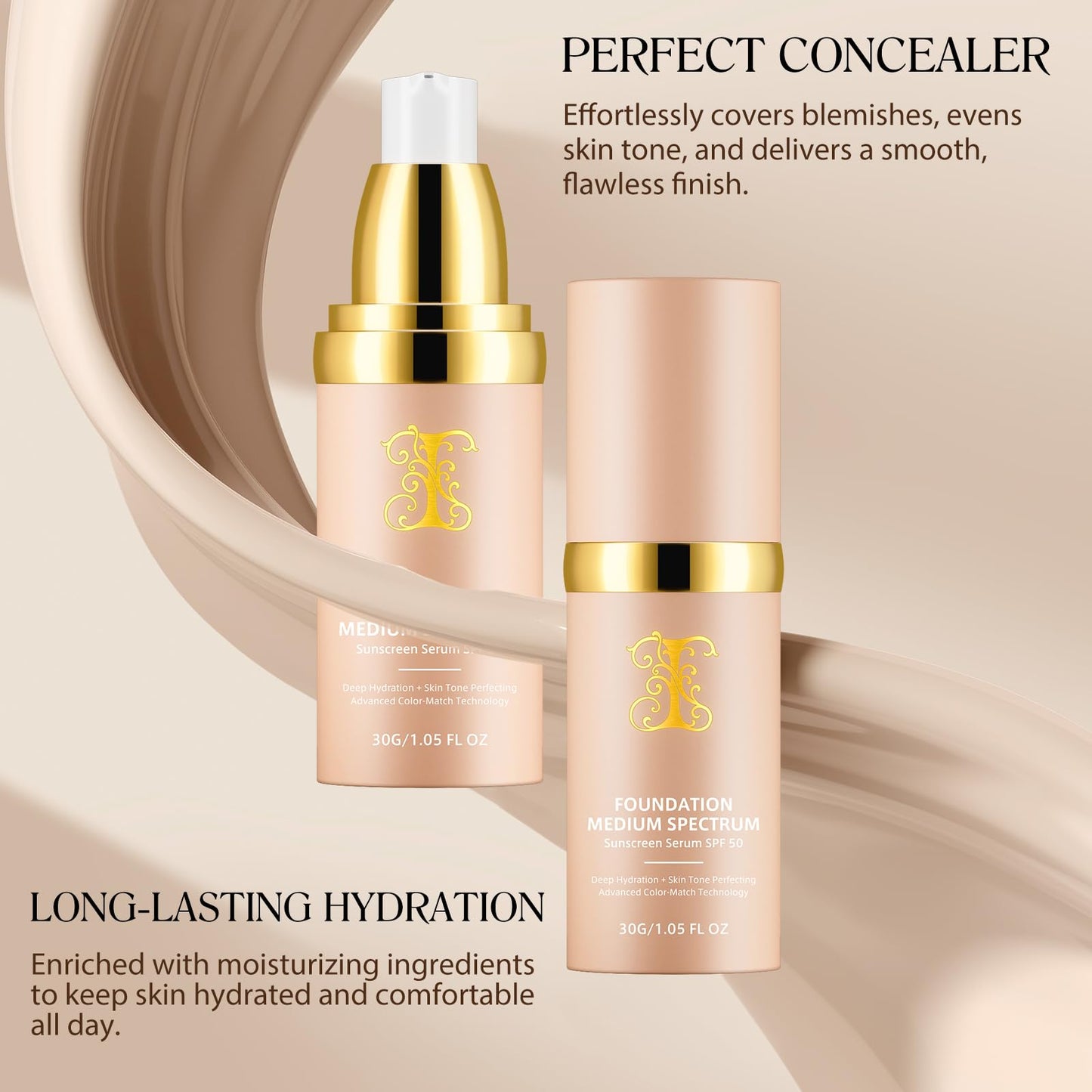 Foundation 4 in 1 - Medium Spectrum with SPF 50+, Anti-Aging, Concealer, Sun Protection, Hydrating Color Changing Foundation Makeup Liquid - Longwearing & Waterproof for Sport, Dancing (Gym, 30ml)