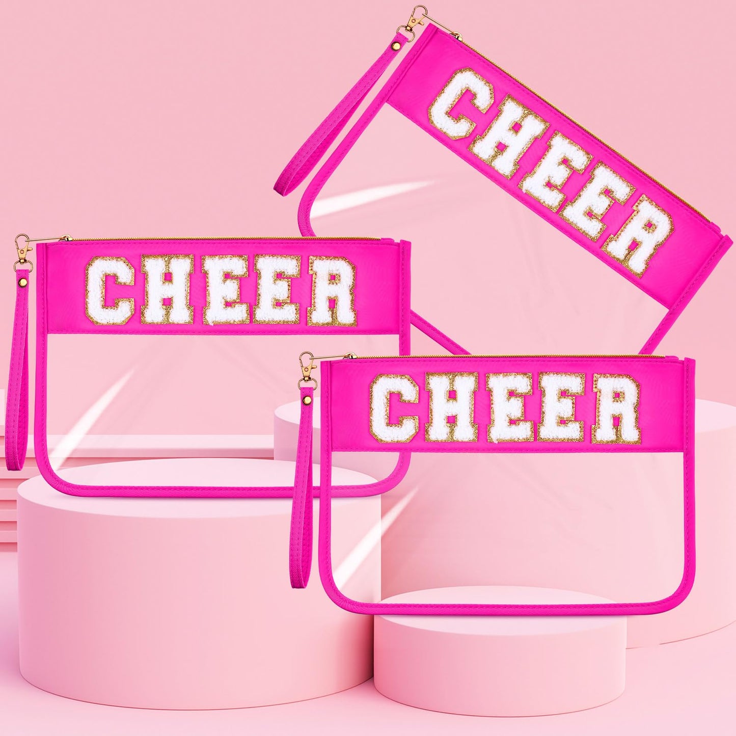 Kacctyen 6 Pcs Cheer Bags Chenille Letter Makeup Bag Cheer Gifts for Stuff Cheerleader, Rose Red Clear Zipper Pouch Cosmetic Toiletry Pouch with Handle for Women Girls Gym Beach Travel(Rose Red,Cheer)