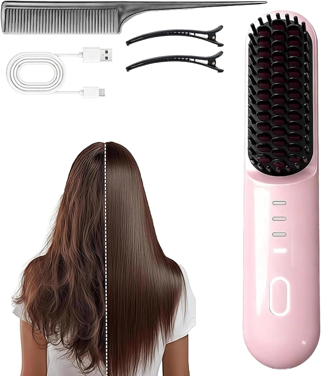 Cordless Straightening Brush for Short Hair - Ionic & Ceramic Care, Fast 30s Heat, 4 Temp Settings | USB-C Rechargeable, Pink