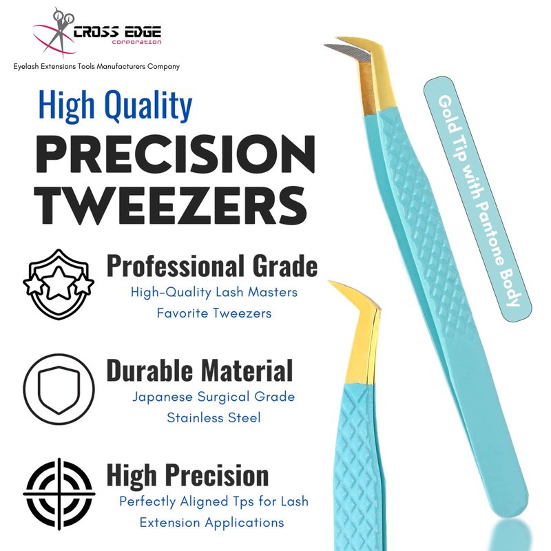 My Lash Tools Fiber Tip Lash Tweezers for Eyelash Extensions Professional Lash Tech Supplies Must Haves Volume Boot Eyelash Tweezers 12cm Stainless Steel Mink Fan Making Lashing Tweezer (Turquoise)