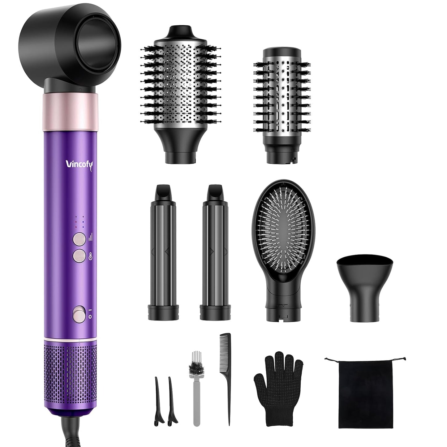 Vincofy 7-In-1 Blow Dryer Brush Set | Ionic Hot Air Styler for Fast Drying, Curling & Straightening - 1500W Power, Purple