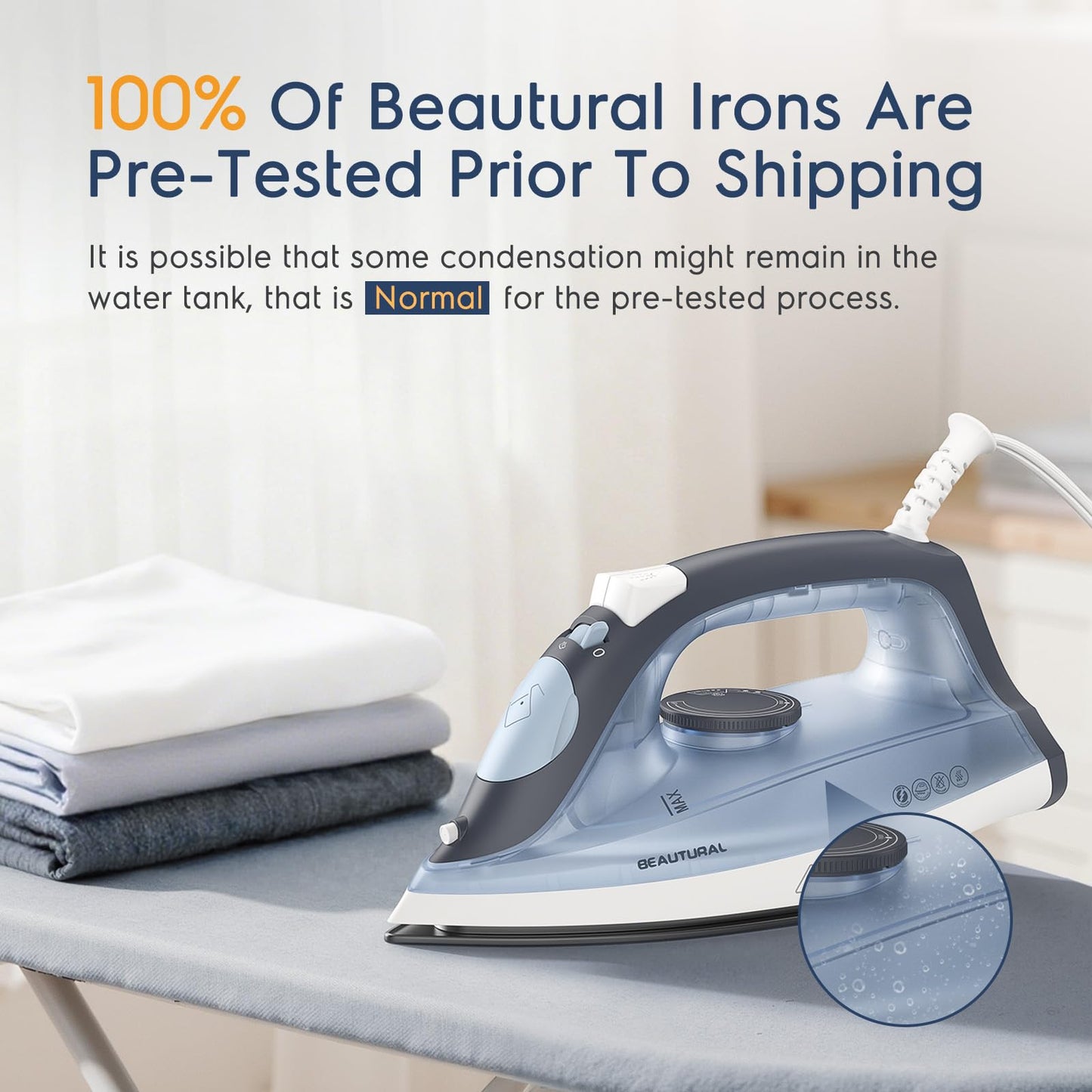 BEAUTURAL Compact Steam Iron for Clothes, Non-Stick Soleplate, Burst of Steam, Spray Mist, Self-Cleaning, Anti-Calcium, Anti-Drip, Easy Temperature Control, Light Weight, 1200 Watts