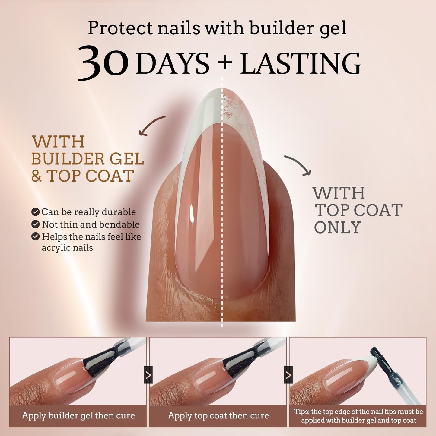 BTArtboxnails XCOATTIPS White French Tip Press On Nails, S Coffin, Brown