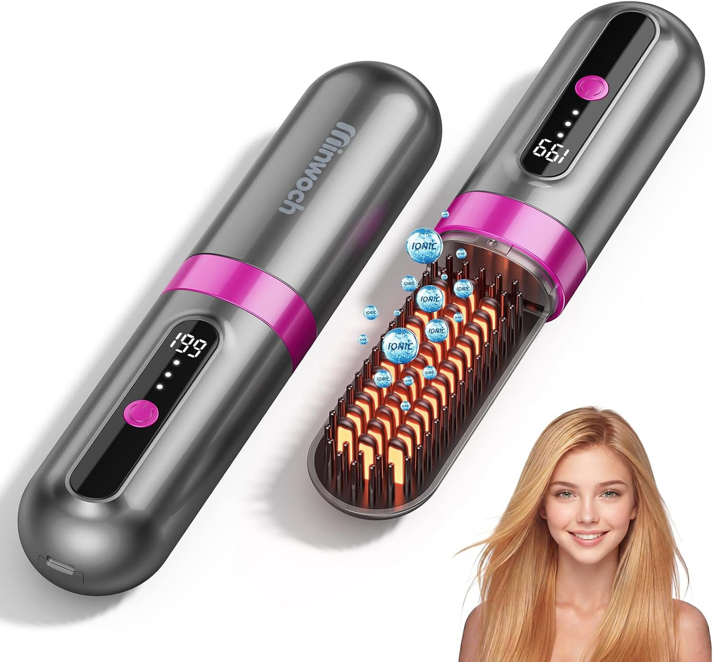 Cordless Hair Straightener Brush - Ionic Anti-Frizz, Fast Heating, 3 Heat Levels | Portable Travel Tool for Women
