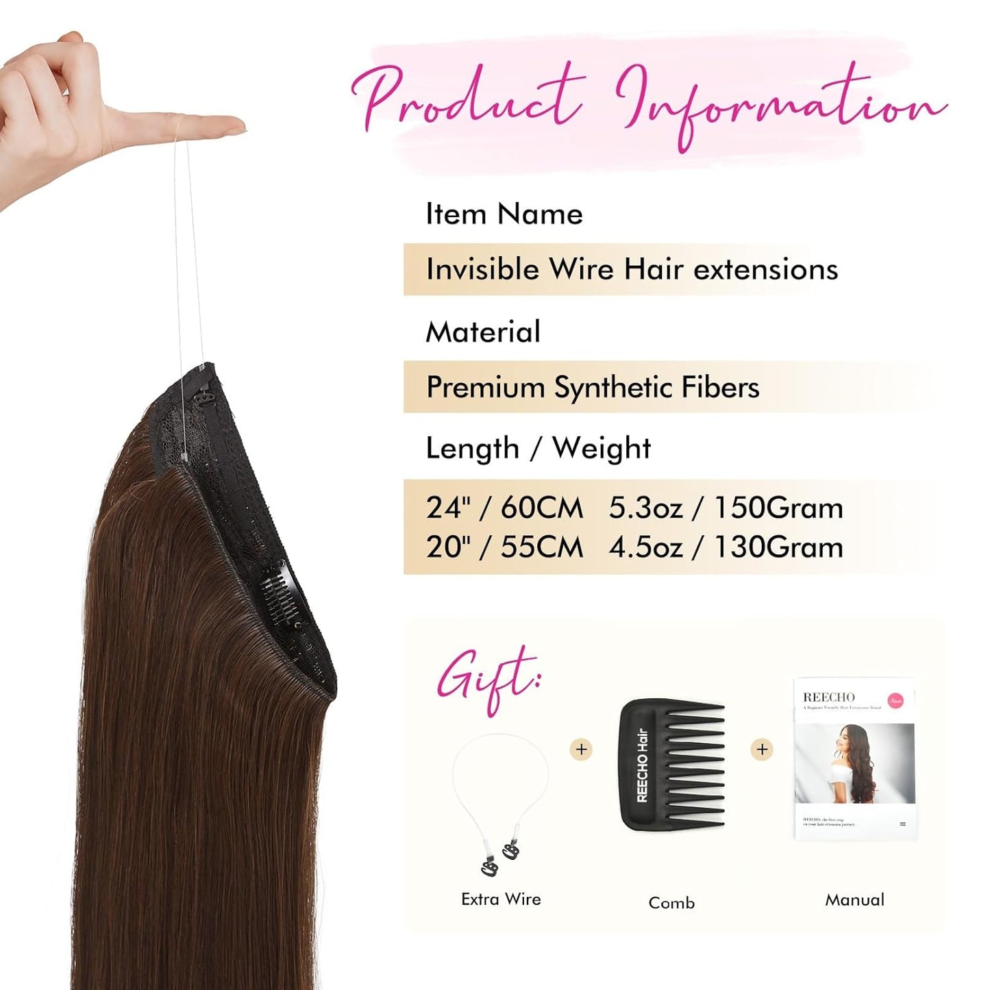 Invisible Wire Hair Extensions - Adjustable Transparent Headband | 24 Inch Dark Brown with Copper Highlights