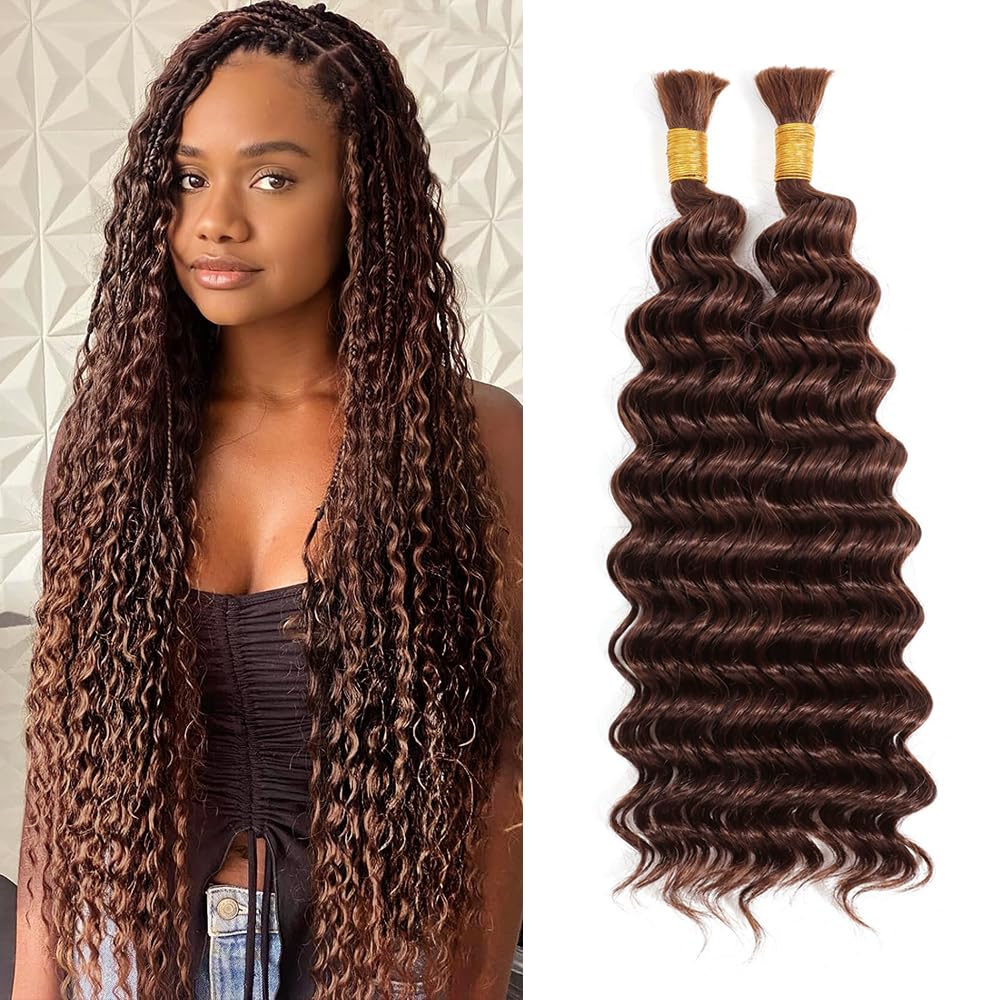 Human Braiding Hair 24 Inch 100g Chocolate Brown Deep Wave Bulk Human Hair for Braiding No Weft Curly Bundles Hair Extensions for Boho Knotless Wet and Wavy Braids