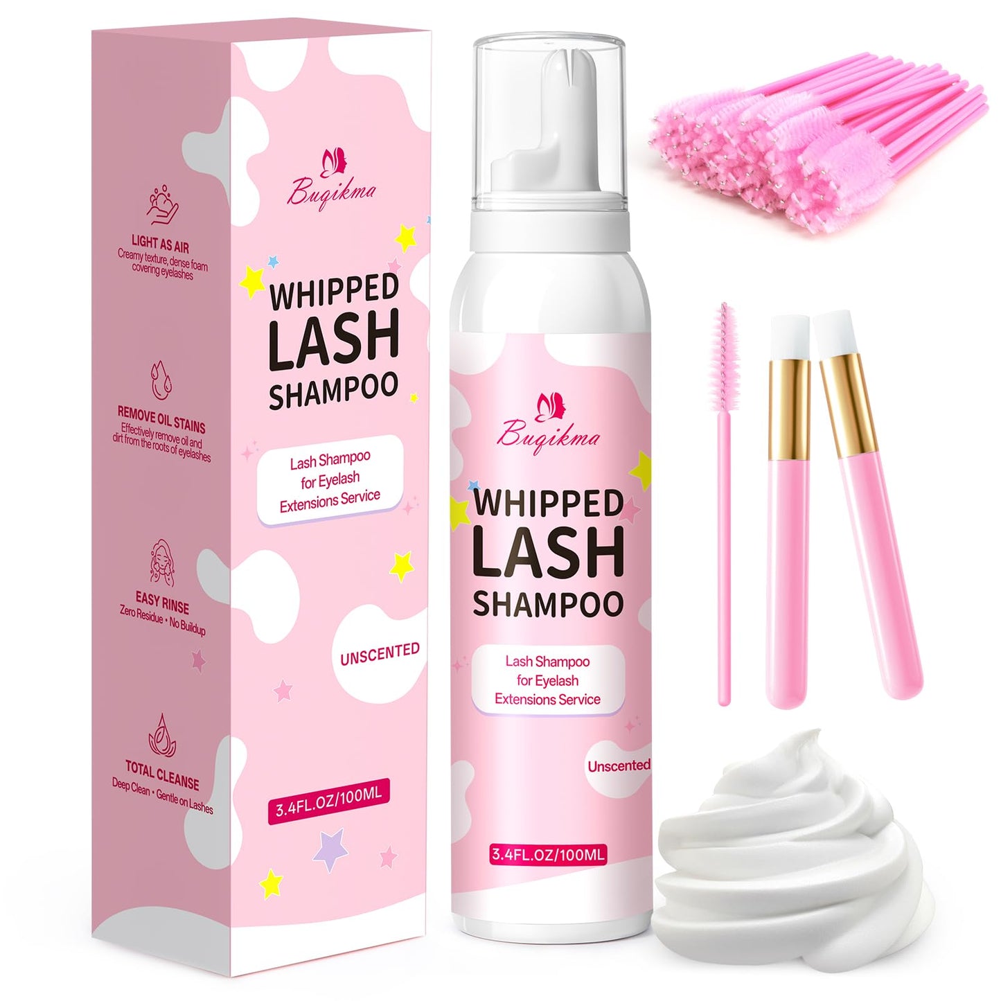 Buqikma Whipped Lash Shampoo Eyelash Extension Cleanser 3.4Fl Oz, Unscented