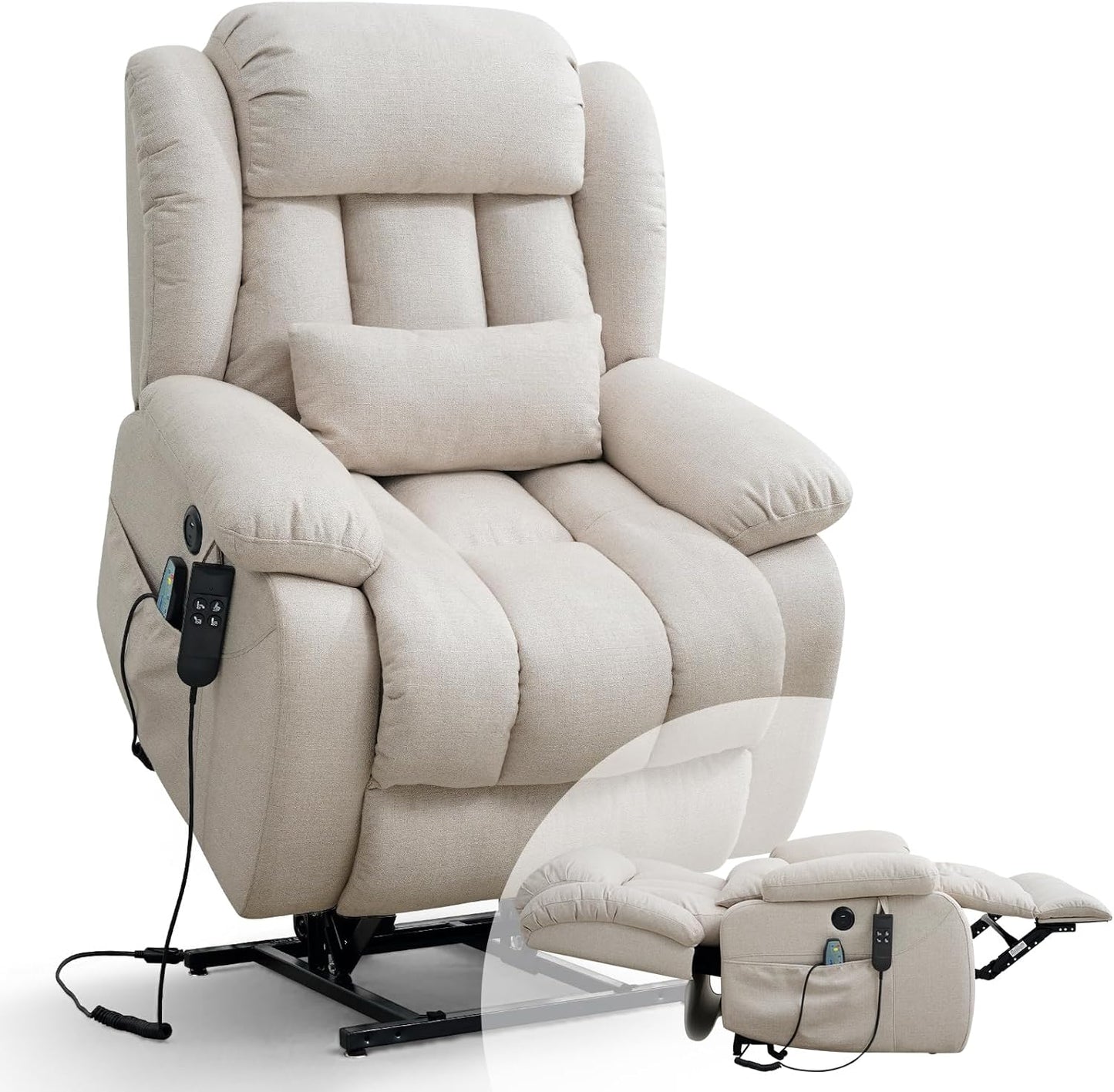 Infinite Position Lift Recliner Chair - Dual Motor Power with Massage & Heating | Extended Footrest, USB Ports, Remote Control, Beige Leather