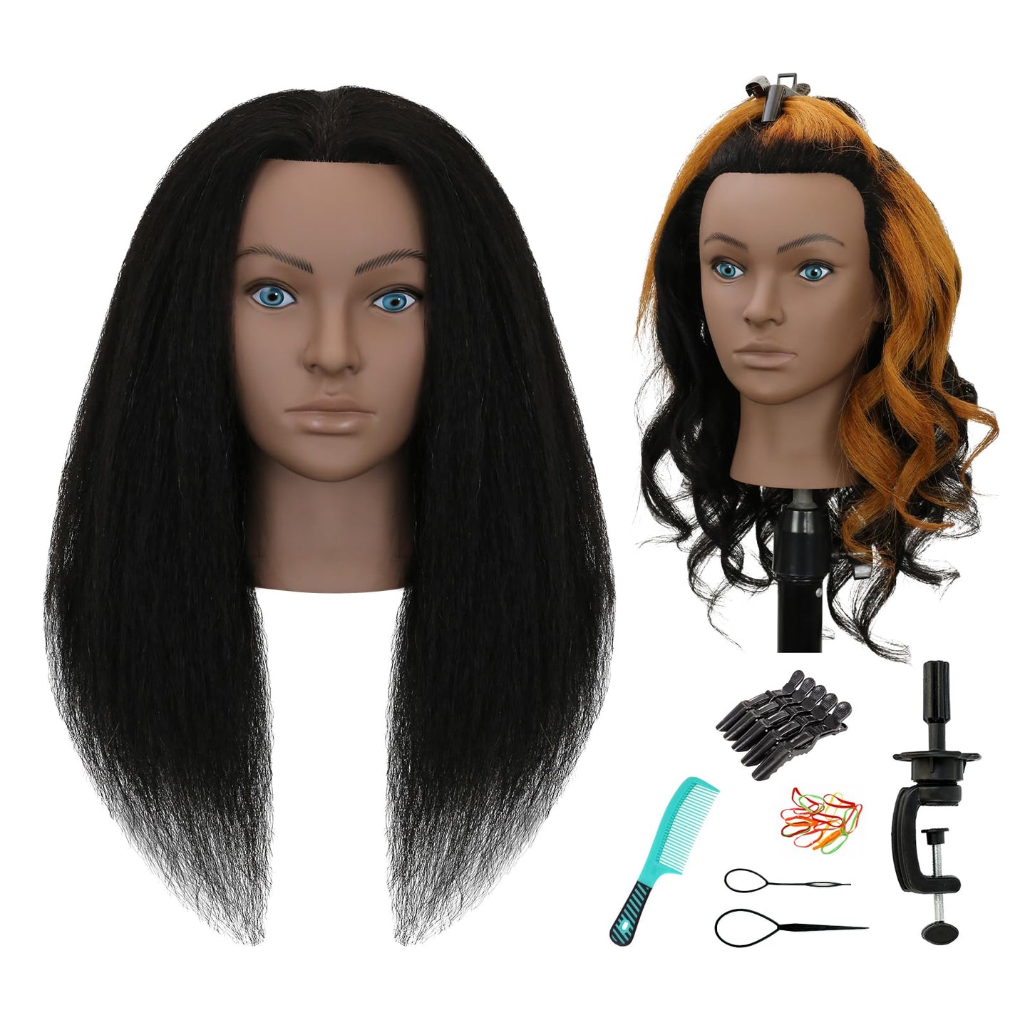 Sirydtm 18" Mannequin Head Human Hair 100% Real Human Hair Mannequin Head Cosmetology Makeup Doll Training Head With Table Clamp Stand for Curling, Cutting Dyeing & Hairdresser School Training