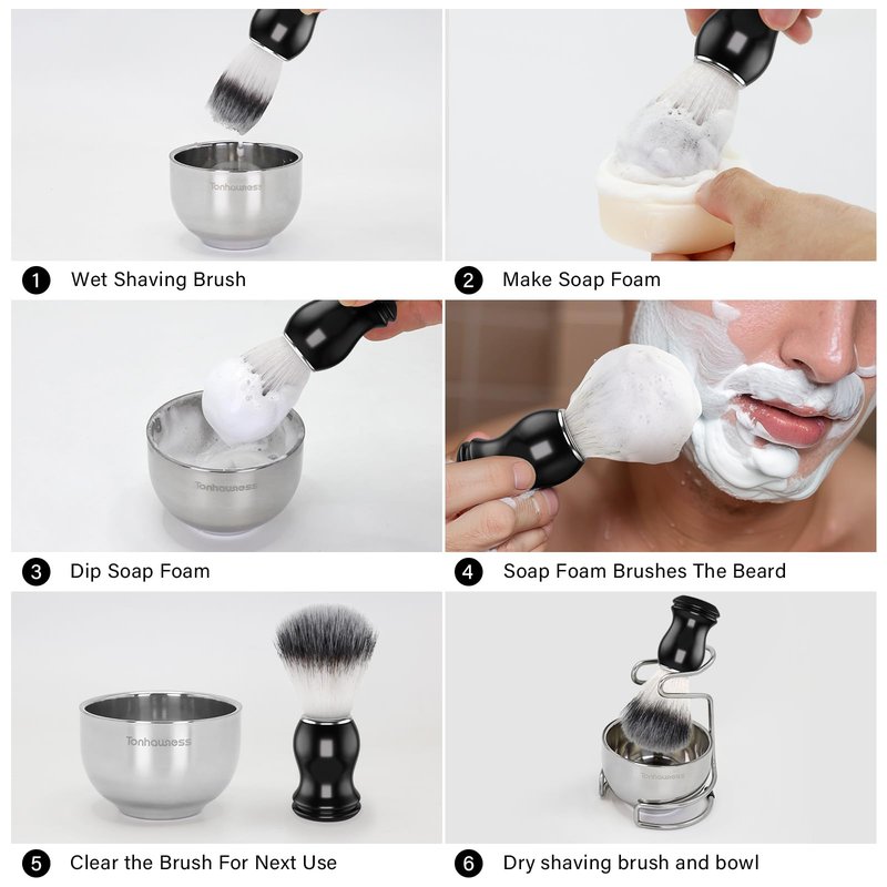 Tonhawness Shaving Brush Kit for Men, 3 in 1 Shave Brush Set Includes Nylon Bristle Shaving Brushes, 3 Layers Stainless Steel Shaving Bowl and Stand Holder kit for Wet Shave Gift