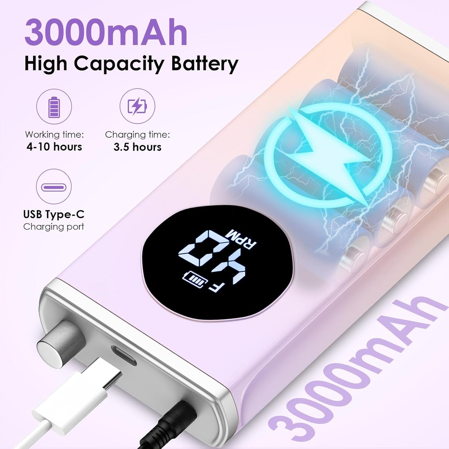 Electric Nail Drill - 40000RPM Professional E-Filer with 15 Bits | Portable Acrylic Gel Nail File (Purple)