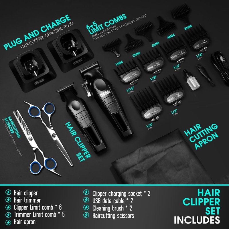 DSP Professional Hair Clippers Set for Men, Cordless Barber Clipper Beard Trimmer DLC, USB Rechargeable, Speeds Adjustable, Travel Lock, Low Noise with Charging Base