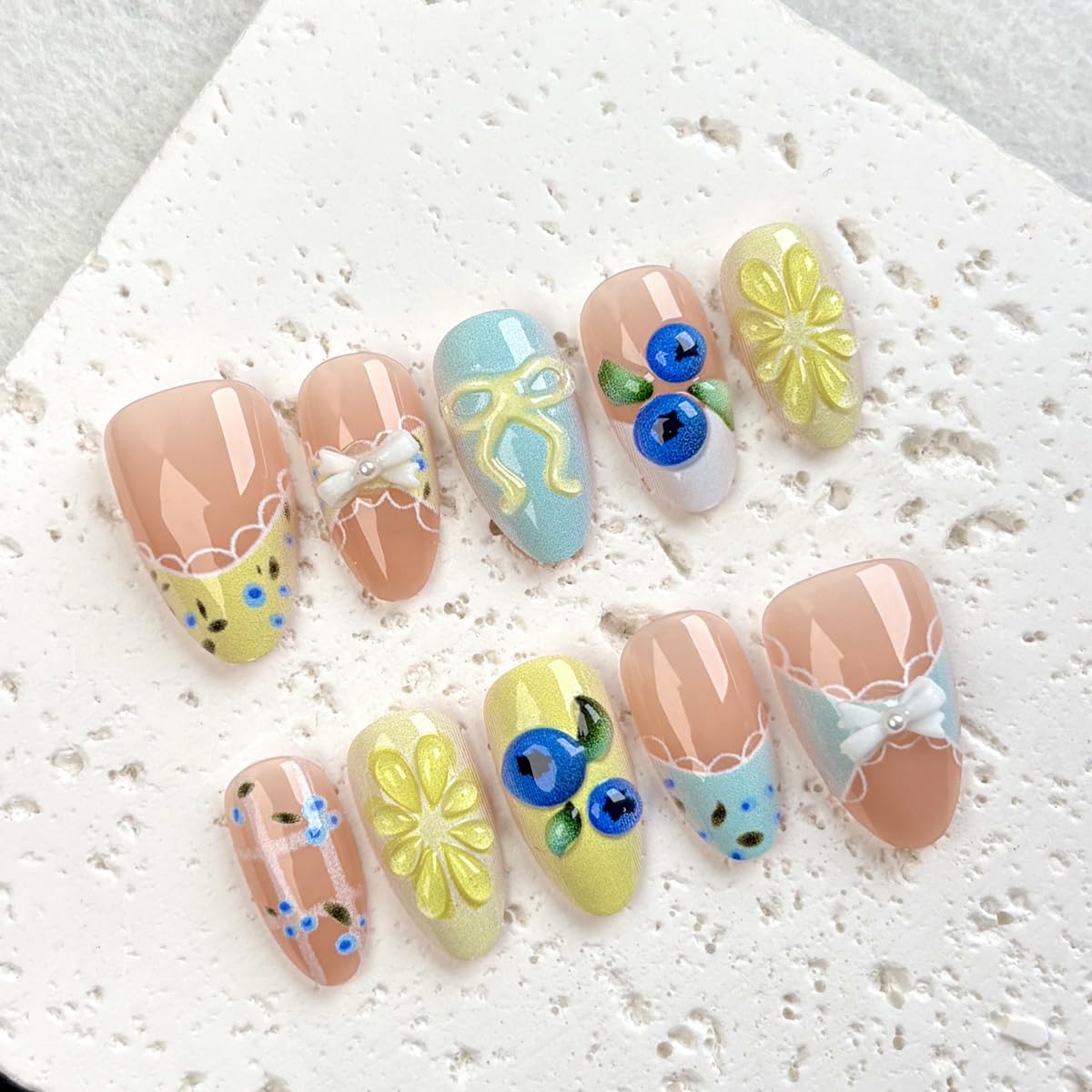 Press-On Almond Nails - Blue & Yellow Fruit Design | Reusable 30-Piece Nail Kit for Spring & Summer Manicure