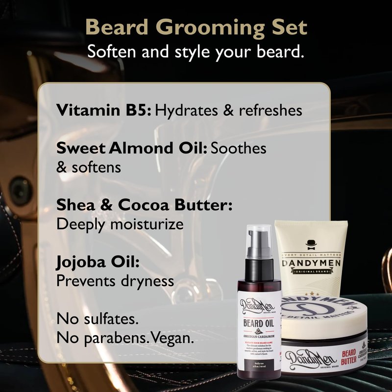 DandyMen Beard Grooming Set for Men – Beard Oil, Beard Butter & Shaving Gel – Obsidian Cardamom Scent – Hydrating & Softening Kit for Growth & Styling – 3-Piece Set