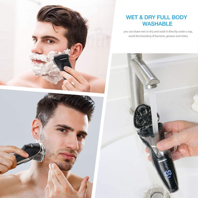 Phisco Electric Shaver Razor for Men, Rechargeable Floating Rotary Razor with Pop-up Sideburn Trimmer, LED Display Waterproof Shaver for Dry Wet Shaving