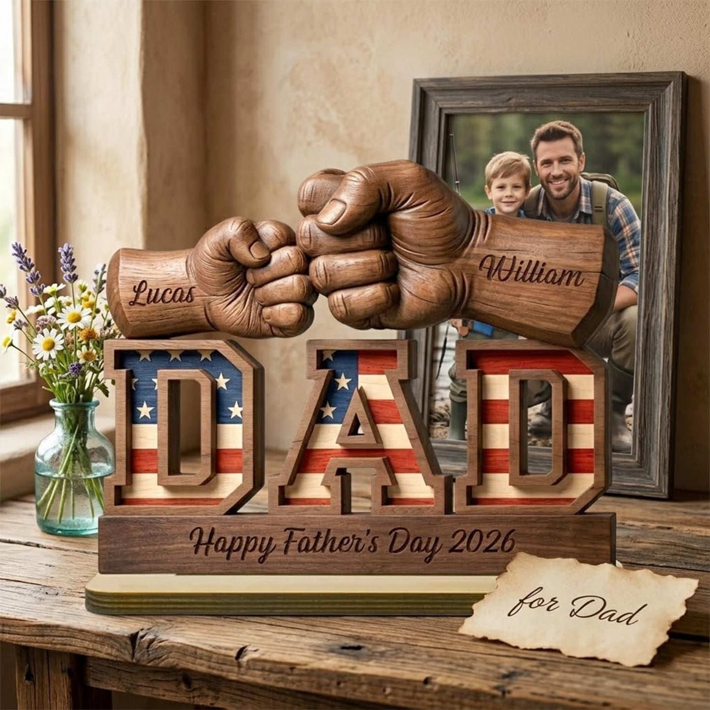 Personalized Fist Bump Papa and Kids Name Wooden Plaque, Custom Fathers Day Plaque for Dad Grandpa, Customized Sign Decorations for Daddy, Grandpa, Heartfelt Father's Day Birthday Gifts for Husband