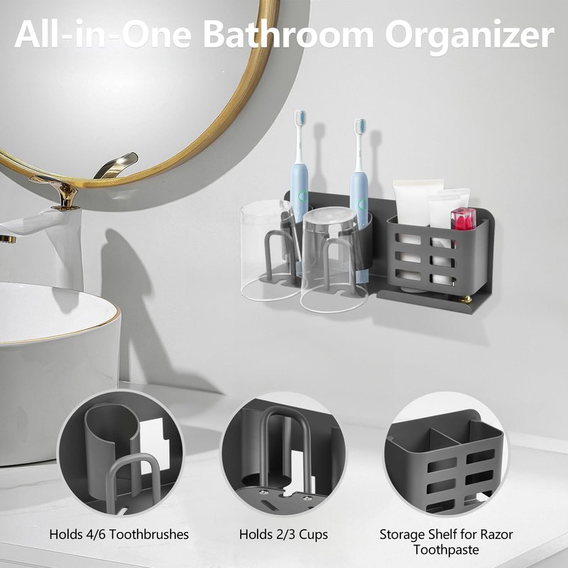 Pddgllut Electric Toothbrush Holder Wall Mounted, Rust-Proof Aluminum 2-Slot Organizer with Shelf - Minimalist Bathroom Storage for Small Spaces, Gray
