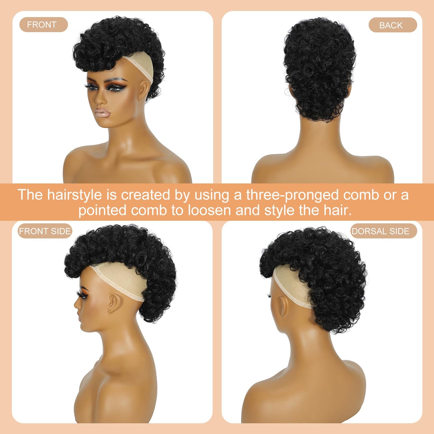 Mohawk Wig Curly Ponytail with Bangs,Short Kinky Curly Synthetic Clip on Mohawk Ponytail Extension Hair Pieces for Women with Six Clips and Two Combs Fluffy Natural Hair for Daily and Party Use 1B