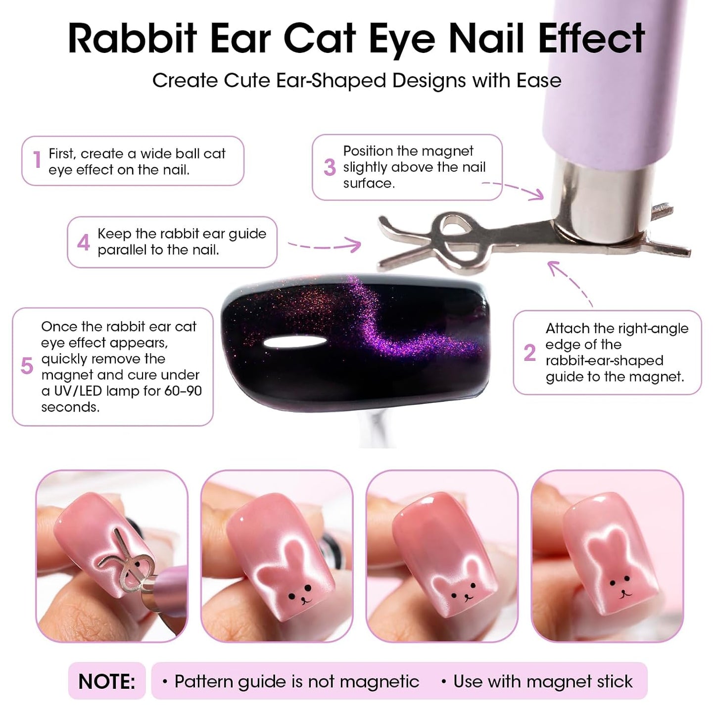 Cat Eye Nail Magnet Set - Strong Double-Ended Magnet Pen with 8mm & 10mm Balls | French Tip Guide Plates & Bunny/Heart Designs