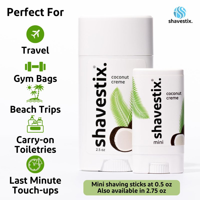 Shavestix Travel Shaving Cream Stick Set 0.5 Oz Each | Coconut Crème & Pink Peonies Mini Shave Bars | TSA Friendly Toiletries for Women & Men | Alt Shaving Gel, Soap