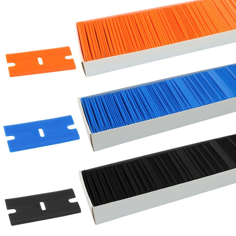 Litoexpe 300 Pcs Double Edged Plastic Blades, Replacement Blades Safety Glass Scraper Plastic Razor for Removing Decals Adhesive Residue Glass Cleaning (Black, Blue, Orange)
