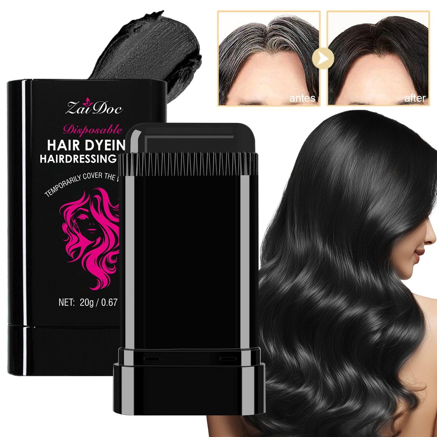 Temporary Hair Dye Stick - 2-in-1 Root Touch Up & Comb, Waterproof & Portable | 0.67oz Black