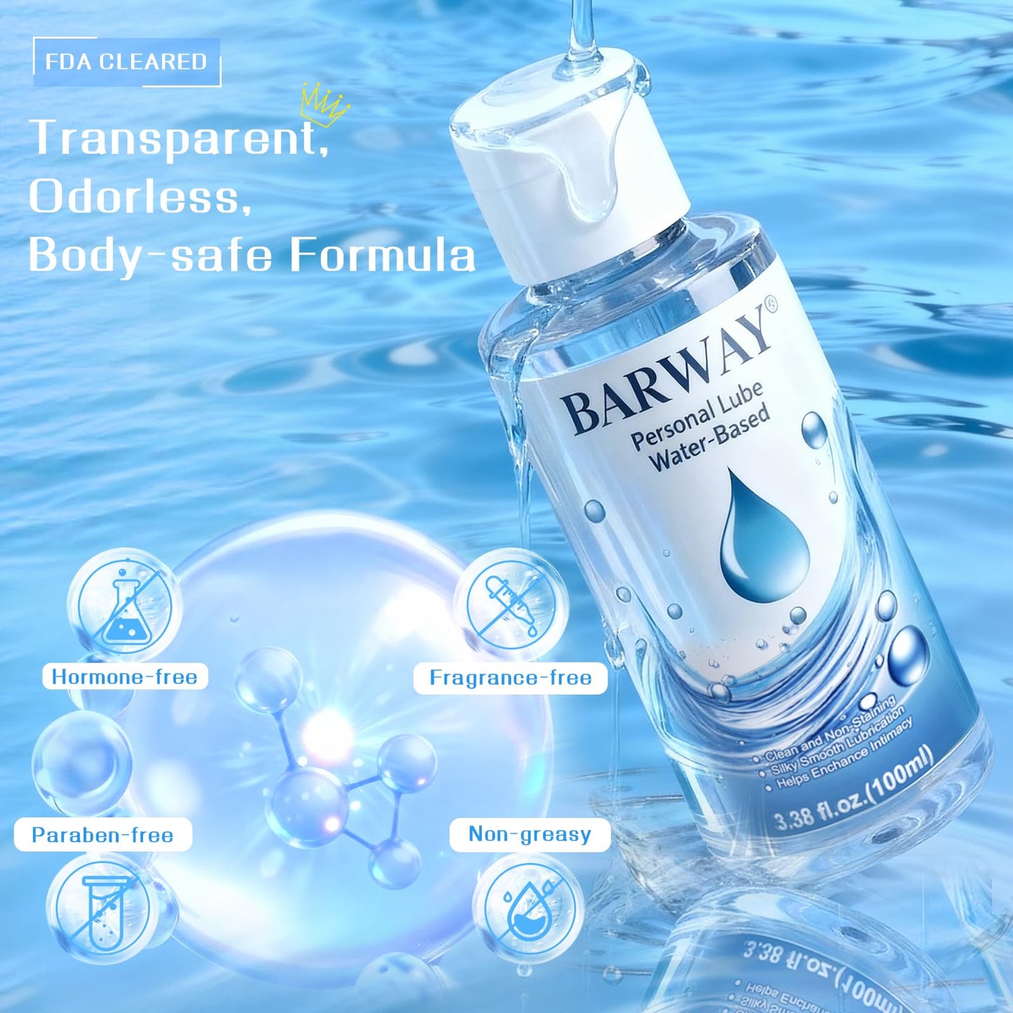 BARWAY Water Based Lube with 10ml Applicator Injector, Anal Sex & Vaginal Lubricant for Privacy & Toys, Non-Sticky pH Balanced Personal Lubrification for Men, Women & Couples, 2 x 3.38 Fl Oz