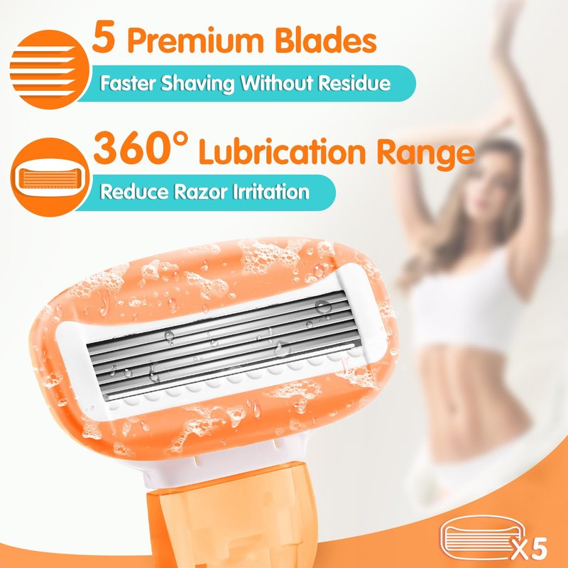 DreamGenius Travel Razors for Women Include 1 Handle and 5 Cartridges, Extra Smooth 5-Blade Travel Essentials Razor with Case for Shaving, Green