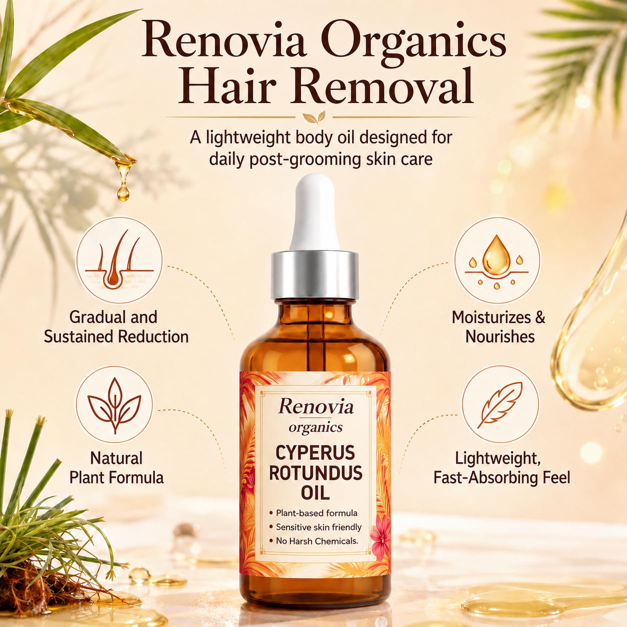 Renovia Organics Cyperus Rotundus Oil, Renovia Organics Hair Removal, with Peppermint Extract, Natural Ingredients for Nourishment & Soothing, 60 Ml (2 Fl. Oz.)