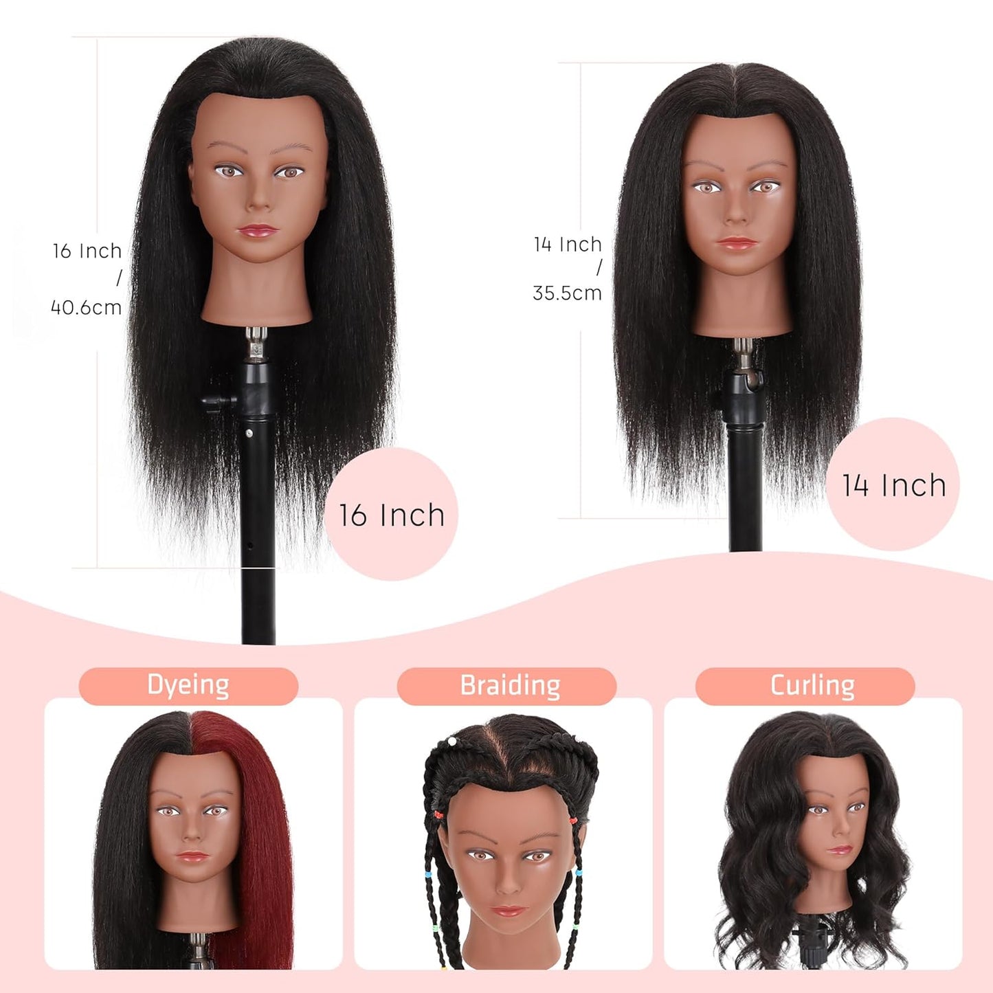 Mannequin Head - 100% Real Human Hair 16” Cosmetology Doll Head for Hair Styling & Braiding | Black