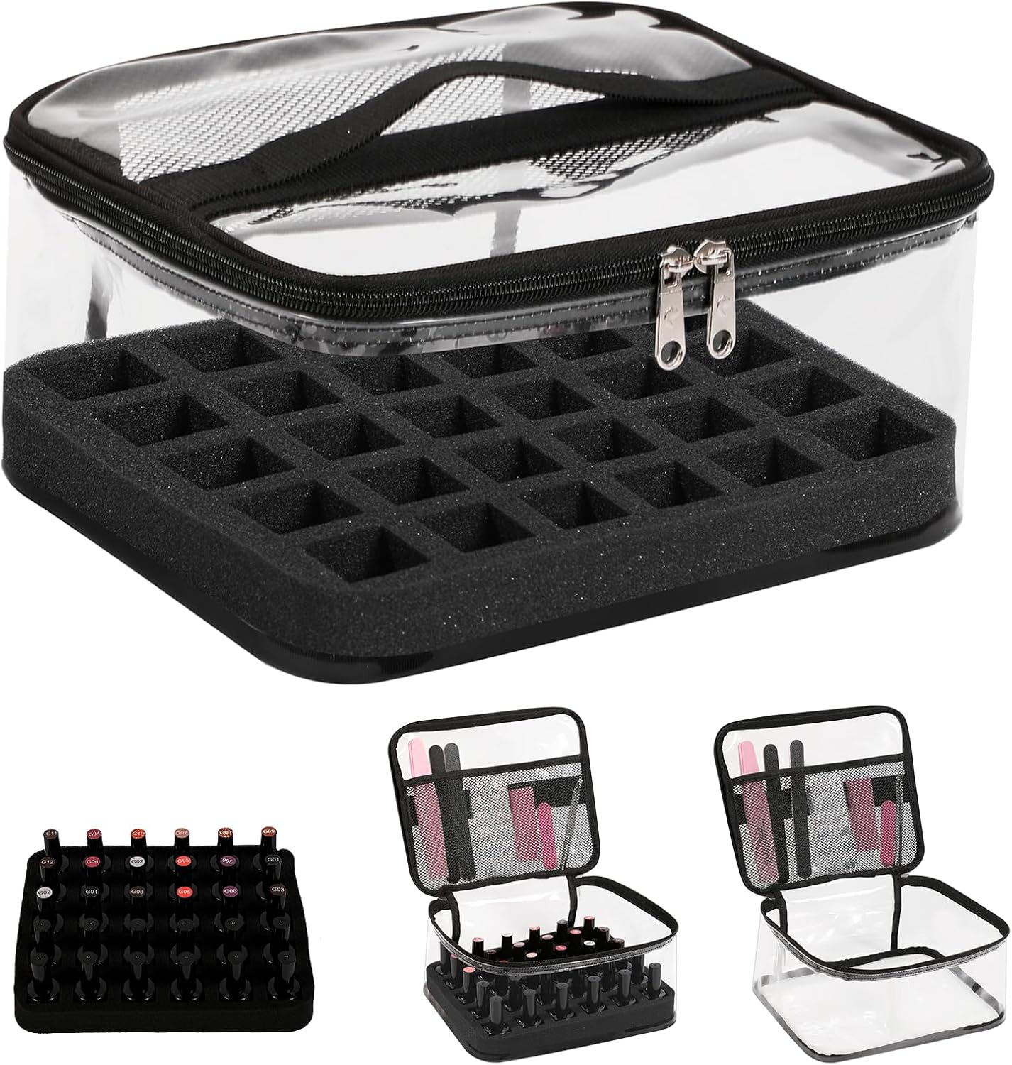 Clear Nail Polish Organizer - Holds 30 Bottles | Portable PVC Case with Manicure Tools Storage Sections
