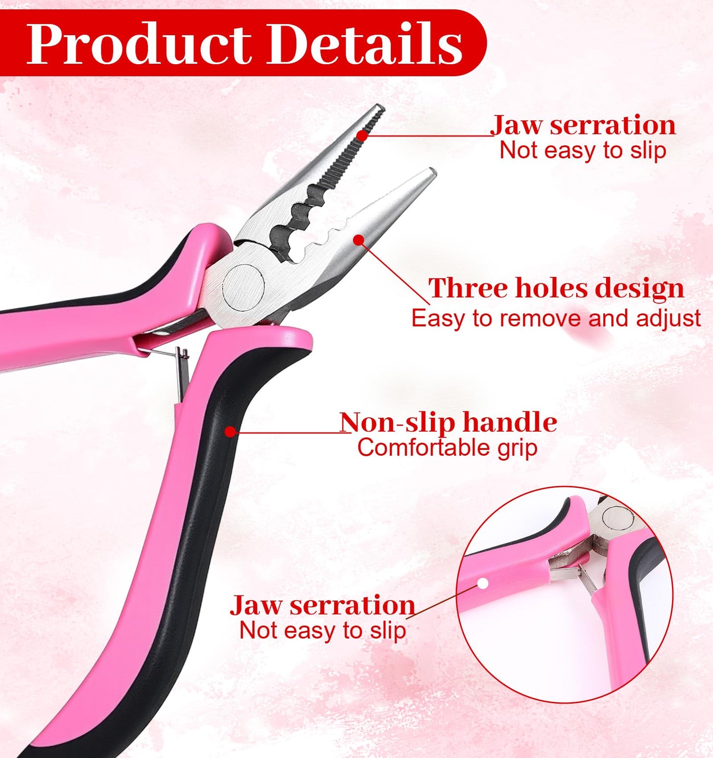 Hair Extension Pliers, 3-Hole Extension Pliers Reach Tool Set for Application Removal Tools Plier Loop Needle Pulling Hook Tool (Pink)