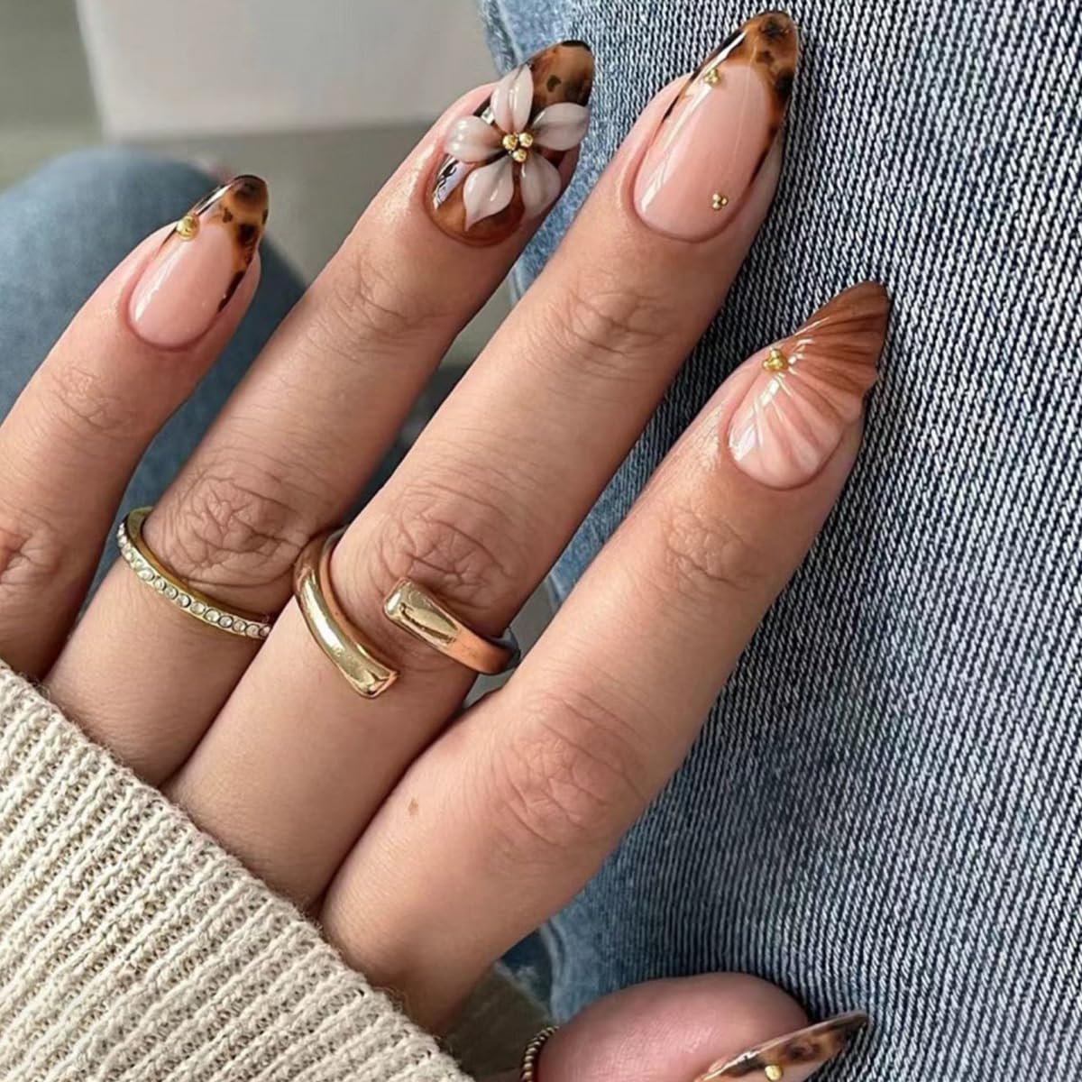 Short Almond Press-On Nails - 24 Pcs French Tip with Leopard Print & Gold Beads | Reusable Acrylic Nail Designs for Women
