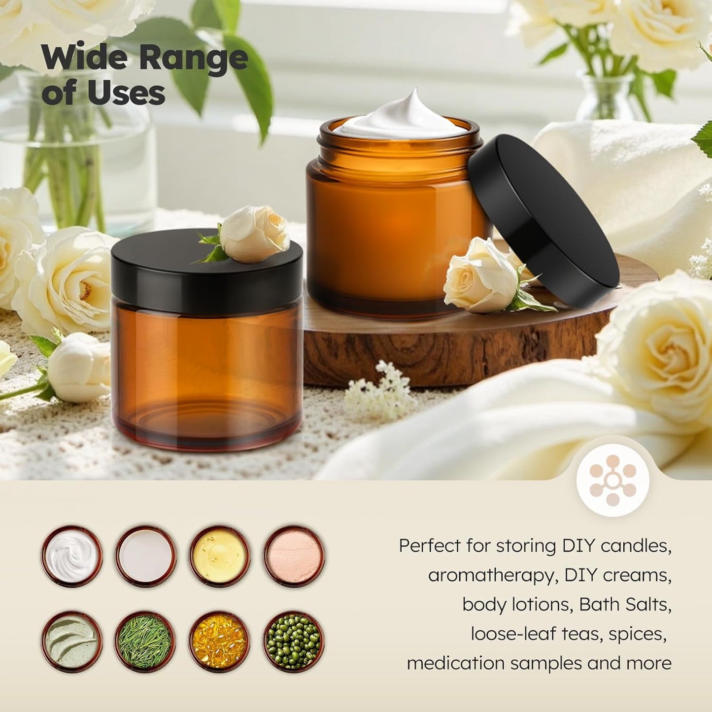 Amber Glass Jars - 2 oz Leakproof Containers with Black Lids | 36 Pack for Lotions, Powders & Candle Making