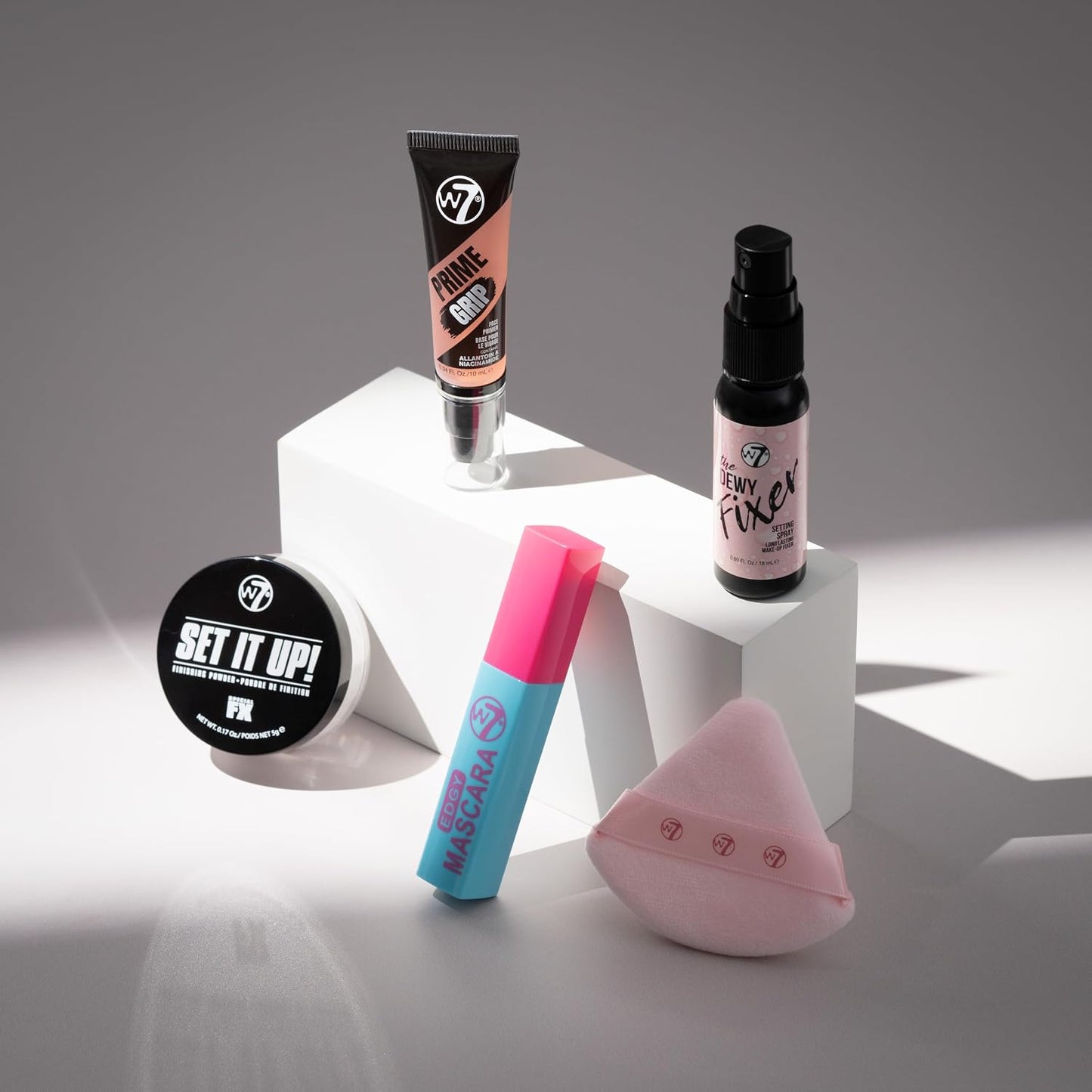 W7 On the Go Cuties Set | Mini Makeup Essentials with Primer, Mascara & Setting Spray - Travel Size Beauty Kit