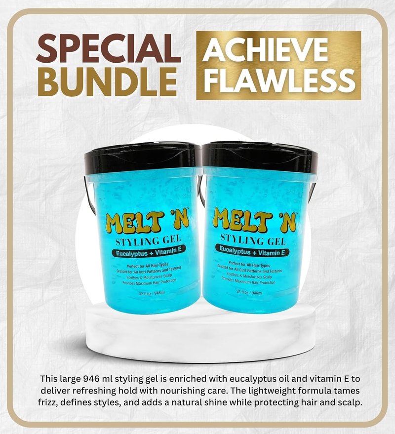 EBIN NEW YORK Melt'N Styling Gel with Eucalyptus Oil & Vitamin E - Lightweight Hold & Curl Definition | 32 oz Bundle