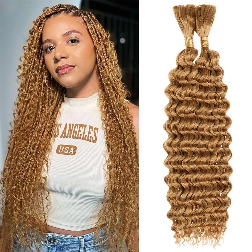 Honey Blonde Human Braiding Hair for Boho Braids 27 Blonde Deep Wave Bulk Human Hair 111g 22 Inch 27 Curly Wave Human Hair Extensions 2 Bundles/Pack