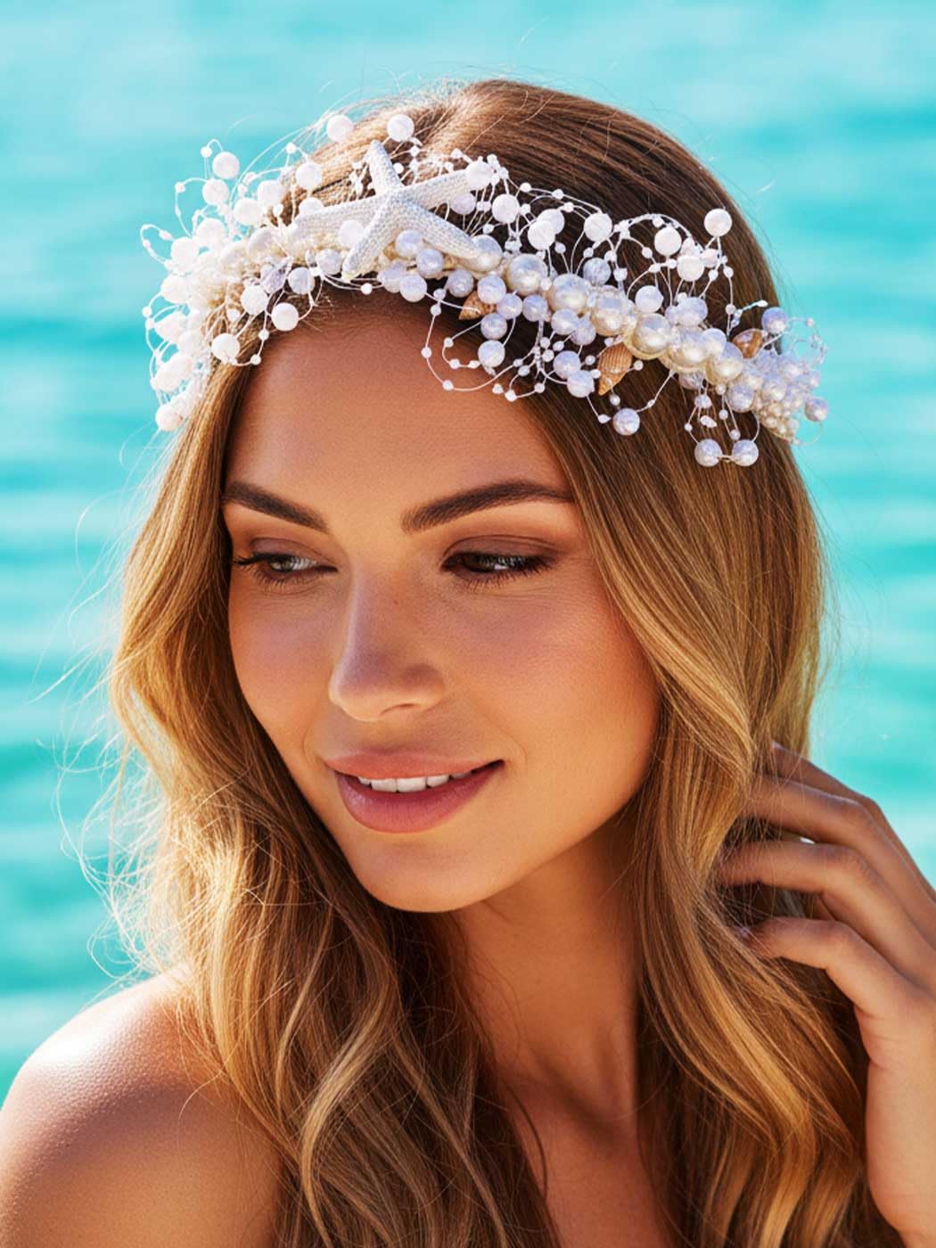 Catery Starfish Headband Pearl Hair Vine Headpiece Wedding Hair Accessories for Women (White)