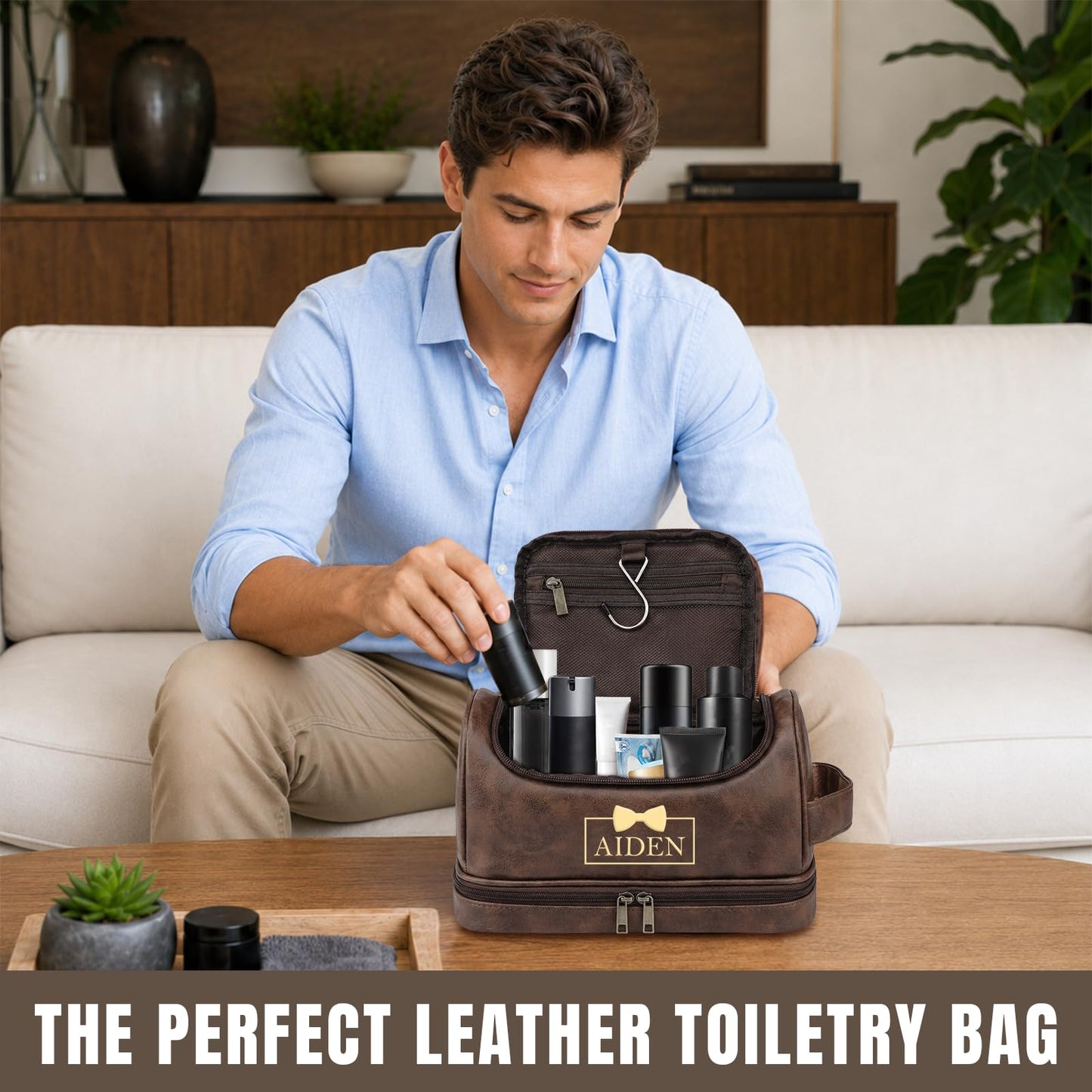 Personalized Toiletry Bag for Men, Engraved Name & Text, Father's Day Birthday Gifts for Men, Dad, Leather Men's Toiletry Bag for Traveling, Customized Gifts for Husband, Grandpa, Lover (DarkBrown)
