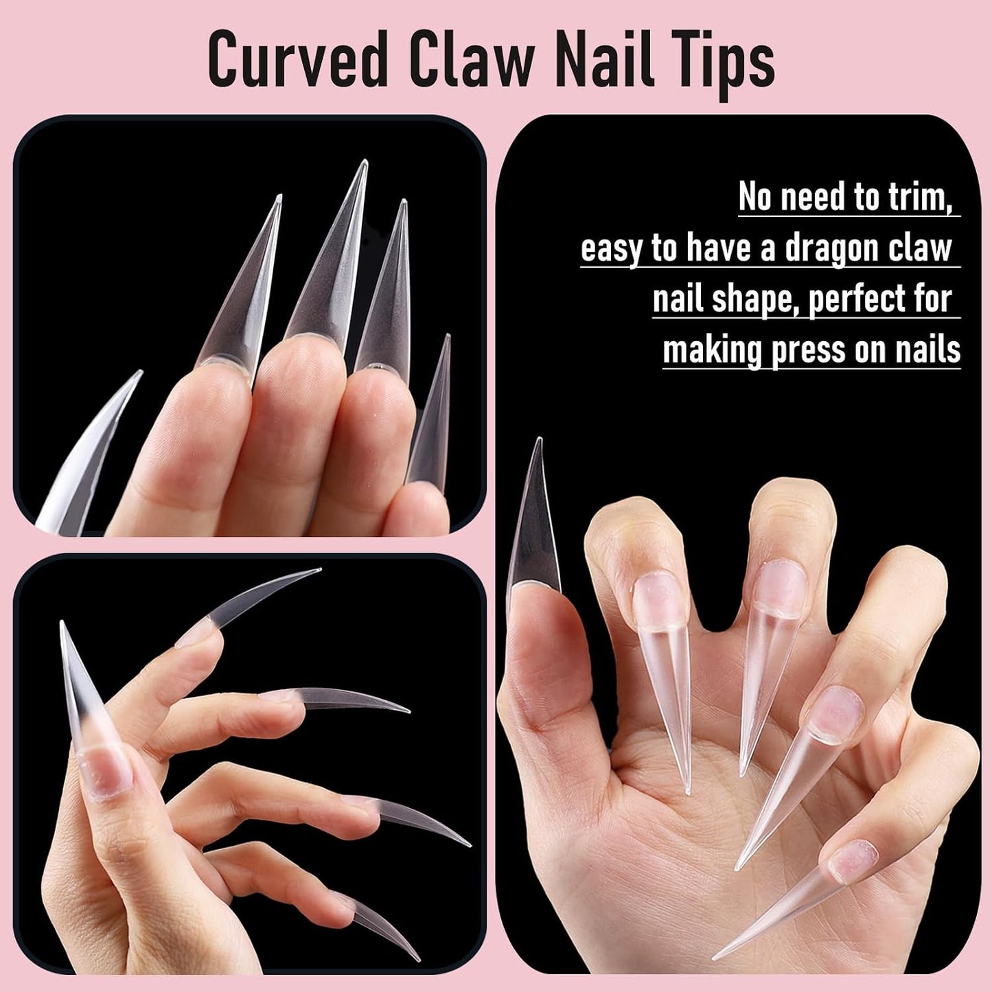 Long Curved Stiletto Nail Tips - 300 Pcs XXL Dragon Claw Full Cover Acrylic Nails | 15 Sizes for Nail Art Design